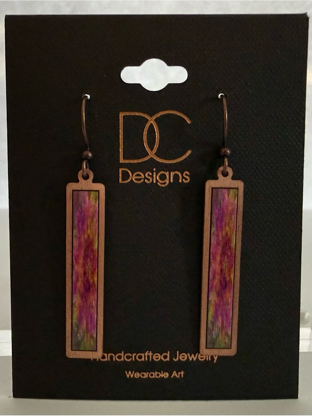 DC Designs NWT - Pink Art in Copper Frame Linear Long Column Earrings